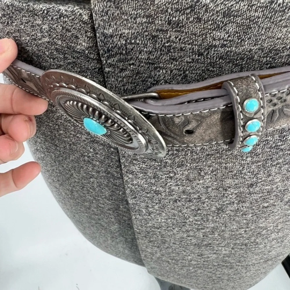Angel Ranch Brown leather Distressed embossed Floral Turquoise Studs Belt